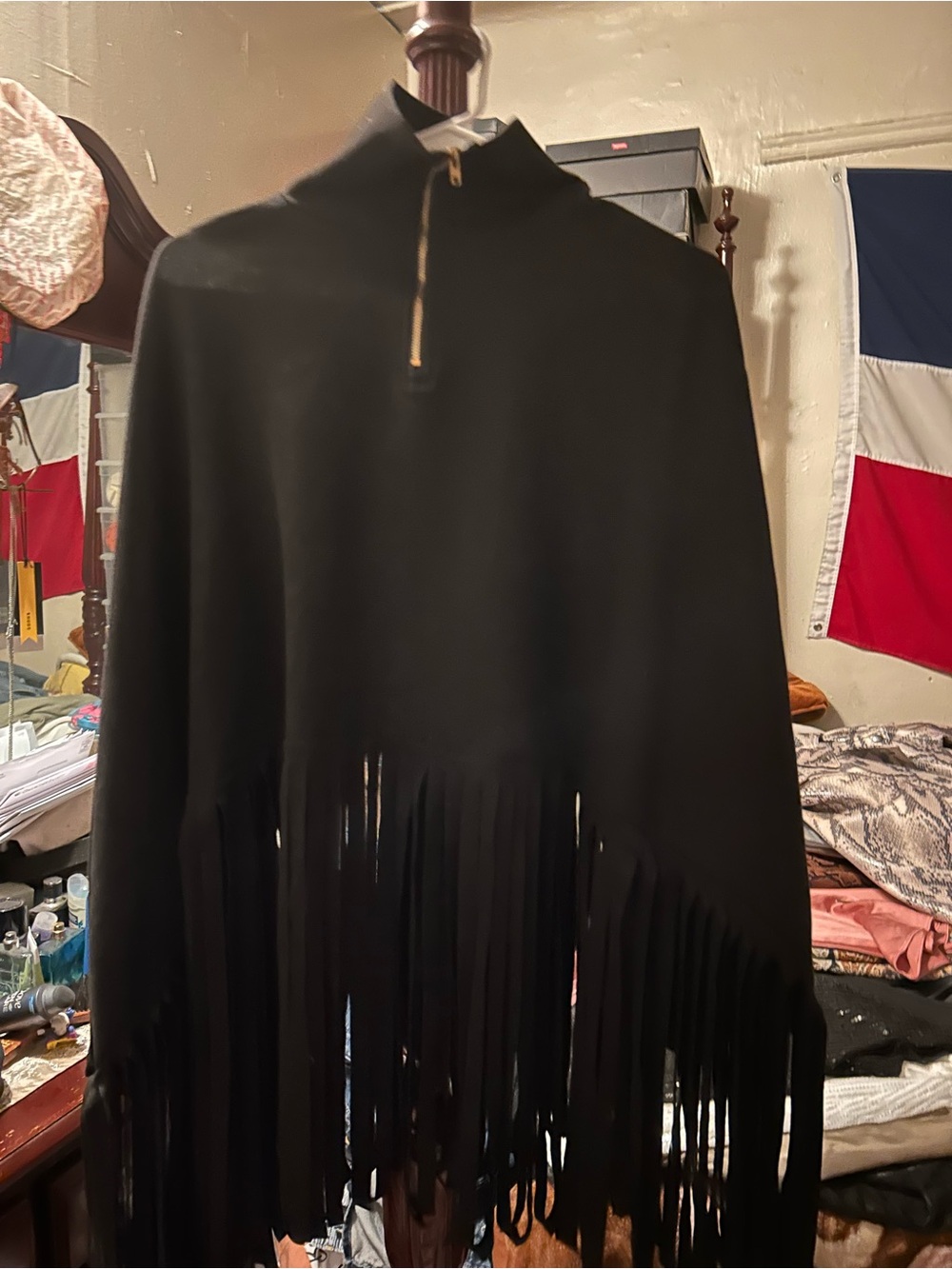 Black Fringe Pea Coat - Women's Stylish Poncho